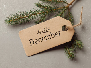 Winter greeting card featuring a tag saying Hello December with pine branches on a neutral background