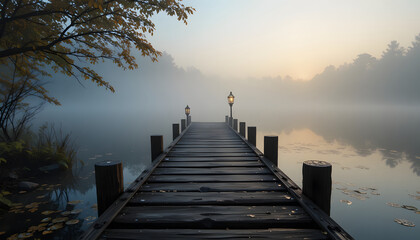 Misty lakeside dawn with weathered jetty dewy leaves and lantern reflection