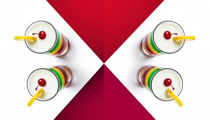 Four refreshing layered cocktails with white creamy liquid topped with red cherries and yellow lemon slices arranged symmetrically on a white and red background with clean studio lighting