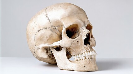 A skull is sitting on a table. The skull is white and has a very serious and somber look to it