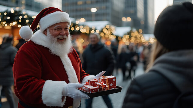 Santa Claus joyfully distributes gifts at a festive market, embodying the spirit of giving and happiness that spreads throughout the holiday season.