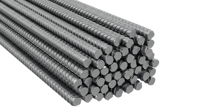 Stack of Gray Metal Rebar Rods, with Ribbed Texture, isolated on transparent background. PNG