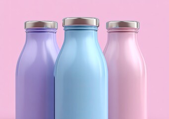 Three pastel glass bottles, pink, blue, purple