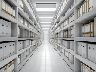 Modern archive with neatly organized boxes in white shelves, creating a clean and bright atmosphere