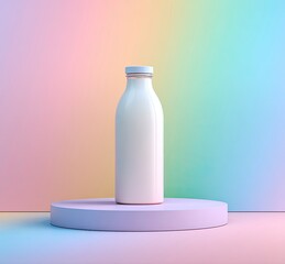 Glass bottle of milk on pastel platform