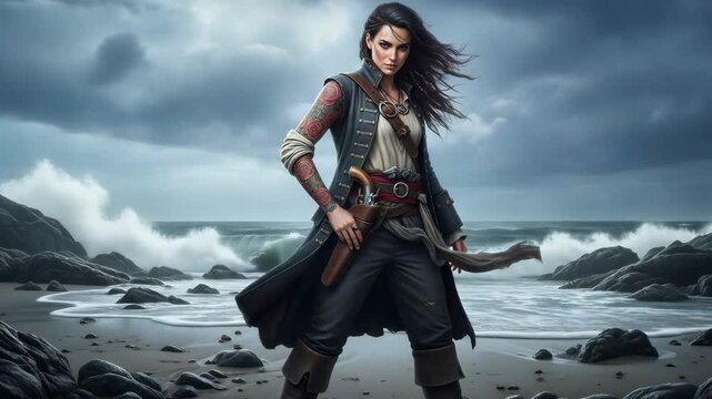 Woman pirate captain on a dark stormy beach with a gun. Sea adventure concept for fantasy book cover or game character.