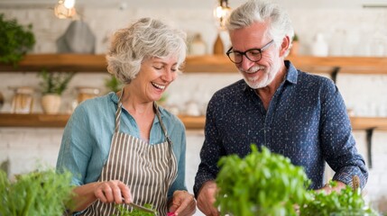 Joyful Older Couple Preparing Fresh Ingredients Together in a Bright Kitchen, Showcasing Their Love for Cooking and Each Other
