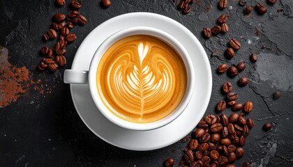 Top View of Latte Art in White Cup Surrounded by Roasted Coffee Beans. Generated Image
