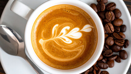 Top View of Latte Art in White Cup Surrounded by Roasted Coffee Beans. Generated Image