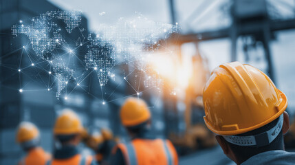 Businessman using smartphone to view innovation reports. Container truck in ship port for business Logistics and transportation of Container Cargo ship and Cargo plane with working crane bridge i