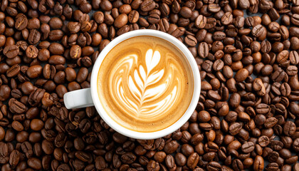 Top View of Latte Art in White Cup Surrounded by Roasted Coffee Beans. Generated Image