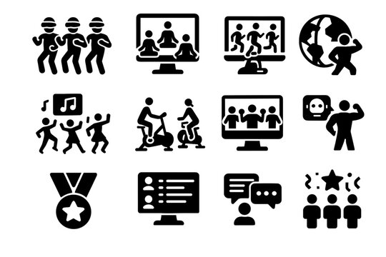 Icons spin virtual class icon synchronized vector dance session immersive marathon training