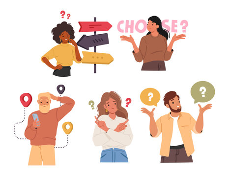Stressed people pondering searching alternatives answers making decision having difficult choice set