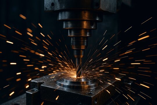 Close-up of a drill bit creating sparks while machining a metal part