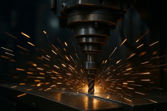 Close-up of a drill bit creating sparks while working on metal