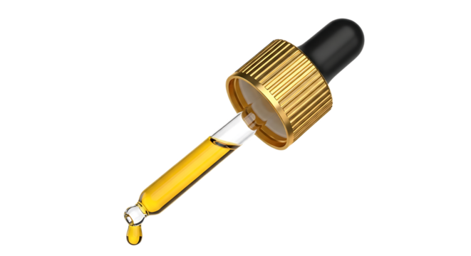 Gold Dropper, with Yellow Liquid and Dripping Drop, isolated on transparent background. PNG