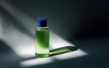 Green liquid bottle with blue cap, studio shot