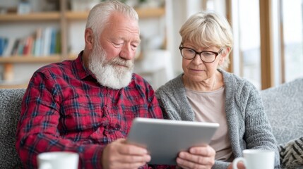 A Heartwarming Scene of an Elderly Couple Engaged in a Digital Experience Together, Sharing Moments and Joy with Technology in a Cozy Living Room Setting