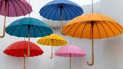 Obraz premium A collection of colorful umbrellas hanging from the ceiling. The umbrellas are of different colors and sizes, creating a vibrant and lively atmosphere. Concept of joy and playfulness