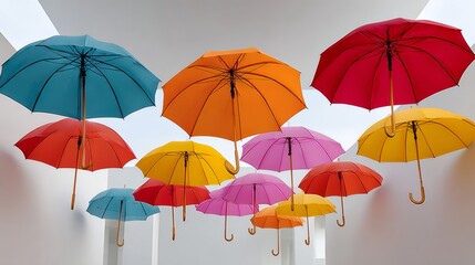 A series of colorful umbrellas hanging from the ceiling, creating a whimsical and playful atmosphere