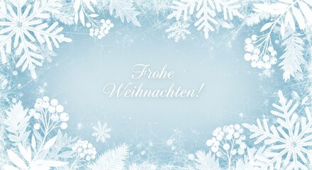Ein zarter blauer Hintergrund mit wei&szlig;en Schneeflocken und Frostornamenten umrahmt den Schriftzug &bdquo;Frohe Weihnachten!&ldquo; und erzeugt eine festliche Winterstimmung. Generative KI