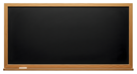 Empty wooden framed blackboard with chalk ledge isolated on a black background for education and creativity