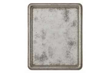 Old metal baking sheet showing a rectangular shape and rusty, textured surface, used as an isolated kitchen tool