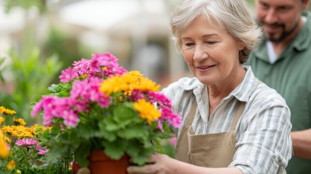 An Elderly Woman Joyfully Arranging Colorful Flowers in a Garden with a Smile, Engaging in the Joy of Gardening and Nature's Beauty Around Her