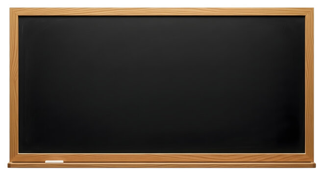 Empty wooden framed blackboard with chalk ledge isolated on a black background for education and creativity
