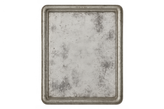 Old metal baking sheet showing a rectangular shape and rusty, textured surface, used as an isolated kitchen tool