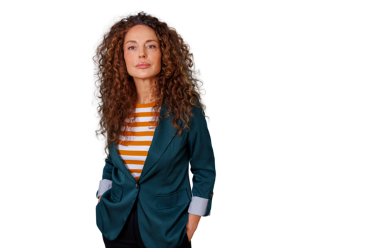 Confident mature middle-aged woman posing in business casual attire with natural curly hair, transparent background