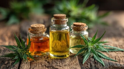 Hemp oil bottles on rustic wood background