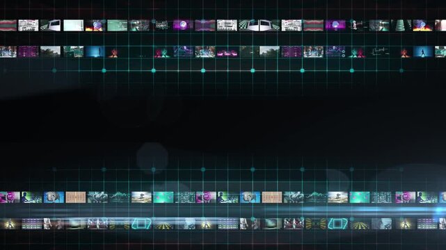 4K animation showing a media browsing interface with a grid and timeline displaying video thumbnails. Perfect background for themes like digital content management, production, library, streaming