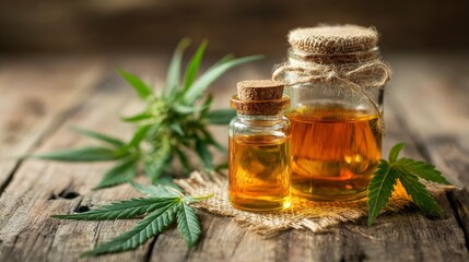 Organic hemp seed oil in glass bottles