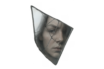 Woman's fragmented face reflected in broken mirror symbolizing shattered identity and emotional distress, transparent background