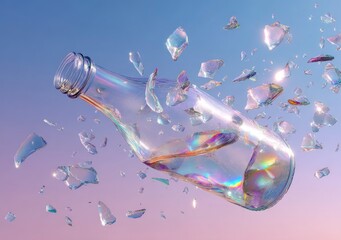 Shattered glass bottle, iridescent fragments