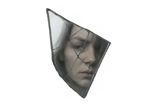 Woman's fragmented face reflected in broken mirror symbolizing shattered identity and emotional distress, transparent background