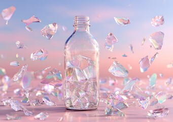 Glass bottle with iridescent fragments