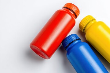 Three colorful plastic bottles on white