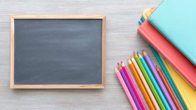 A Vibrant Arrangement of School Supplies Featuring a Blank Blackboard, Colorful Books, and Assorted Crayons on a Light Gray Wooden Surface - Powered by Adobe