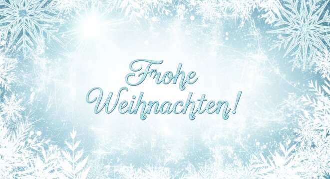 Ein zarter blauer Hintergrund mit wei&szlig;en Schneeflocken und Frostornamenten umrahmt den Schriftzug &bdquo;Frohe Weihnachten!&ldquo; und erzeugt eine festliche Winterstimmung. Generative KI