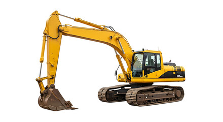 Yellow excavator, with a large bucket and articulated arm, isolated on transparent background. PNG