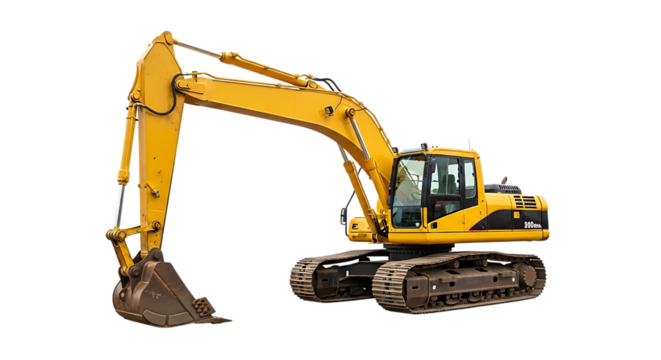 Yellow excavator, with a large bucket and articulated arm, isolated on transparent background. PNG