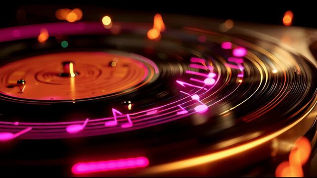 colorful vintage neon record album with musical notes