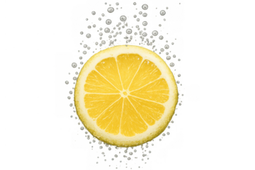 Lemon slice with sparkling water bubbles. Refreshing citrus fruit in clear soda drink splash, transparent background