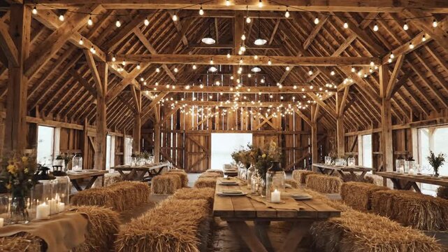 Rustic interior with wooden tables and hay bales warm lighting event decor copy space