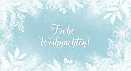 Ein zarter blauer Hintergrund mit wei&szlig;en Schneeflocken und Frostornamenten umrahmt den Schriftzug &bdquo;Frohe Weihnachten!&ldquo; und erzeugt eine festliche Winterstimmung. Generative KI