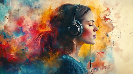 Woman with closed eyes listens to music wearing headphones with colorful paint splashes around her isolated transparent png