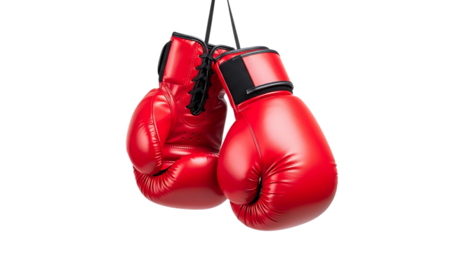 Pair of shiny red leather boxing gloves, hanging by black laces, isolated on transparent background. PNG