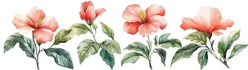 Four pink hibiscus flowers with green leaves standing in a row on transparent background isolated png botanical design
